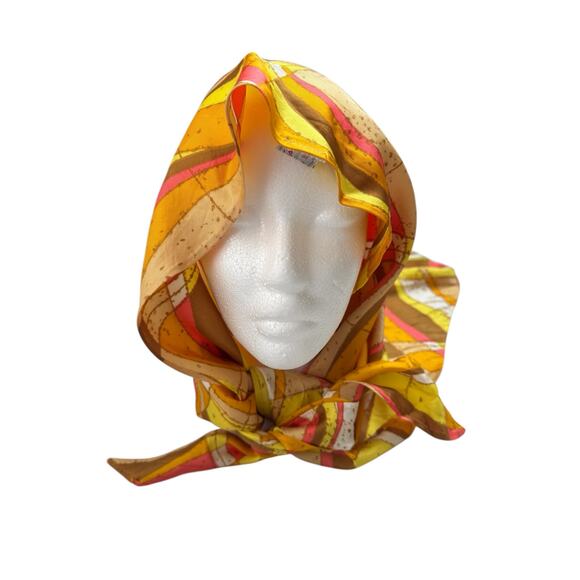 Vintage Accessories - Vintage Handmade Mod Triangle Scarf Retro Orange Tan Yellow Headcover Polyester